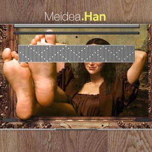 May include: A laptop skin with a painting of a woman in a brown dress with her feet sticking out of the frame. The painting is in a gold frame and the text "Meidea.Han" is at the top of the image.