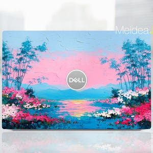 May include: A laptop skin featuring a vibrant landscape painting. The design includes a pink and blue sky, a body of water, and colorful flowers. The Dell logo is centered. The text "Meidea. Han" is in the upper right corner.