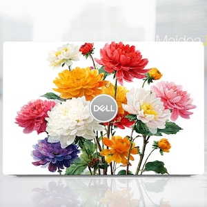 Op de afbeelding: Een laptop skin met een levendig bloemenontwerp. Het ontwerp toont een boeket kleurrijke bloemen, waaronder rode, gele, witte, roze en paarse bloemen, tegen een witte achtergrond. Het Dell-logo staat in het midden van het bloemstuk.