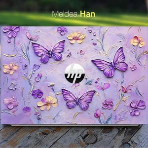 Laptop Decal Hp Omni book 14-fh Skin Personalized Customizable Light Purple Design Butterfly Pattern for Spectre Envy Victus Elite Probook