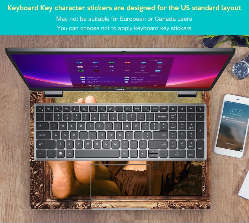 May include: A laptop computer with a keyboard sticker featuring a painting of a woman's feet in a gold frame. The keyboard sticker is designed for the US standard layout. The text on the screen reads "Keyboard Key character stickers are designed for the US standard layout. May not be suitable for European or Canada users. You can choose not to apply keyboard key stickers."