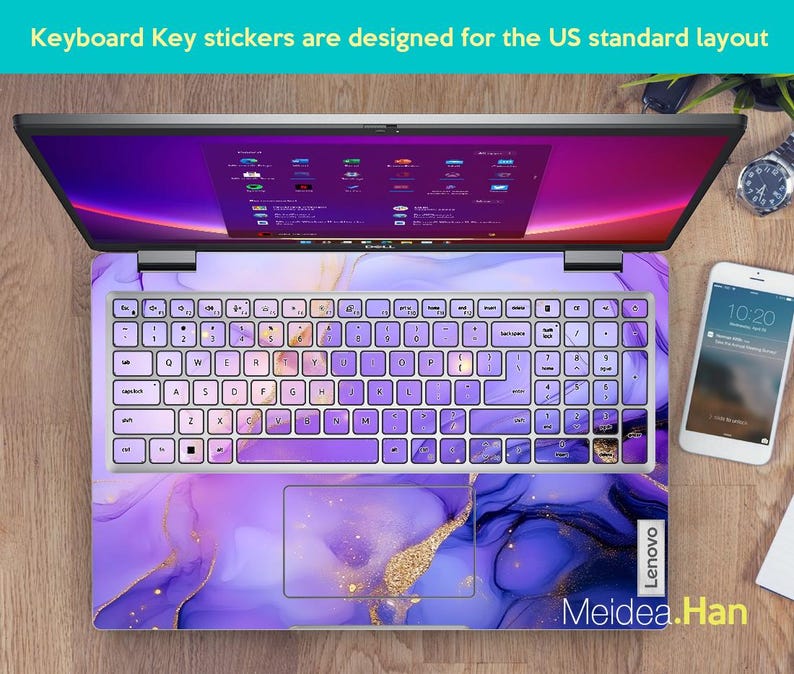 May include: Purple and gold marble laptop keyboard stickers designed for a US standard keyboard layout. The stickers feature a swirling abstract design with gold accents. The stickers are shown on a laptop with a purple and gold marble design.