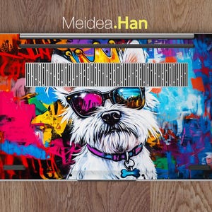 May include: A white dog wearing sunglasses and a crown, with a colourful graffiti background. The dog is wearing a pink collar with a bone charm.