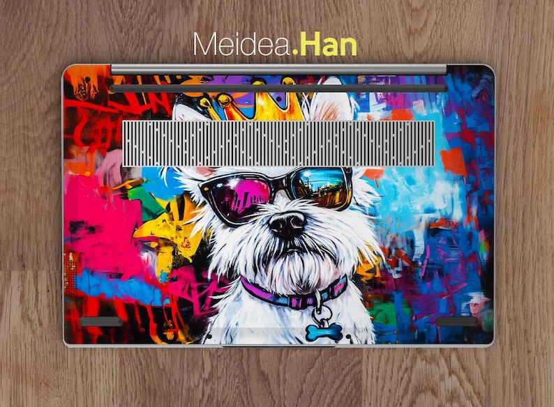 May include: A white dog wearing sunglasses and a crown, with a colourful graffiti background. The dog is wearing a pink collar with a bone charm.