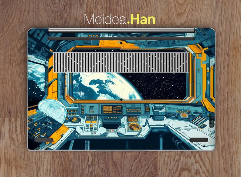 May include: A laptop skin with a futuristic space-themed design. The image shows a view from inside a spaceship looking out at Earth. The skin features a control panel with buttons and dials, and the text "Meidea.Han" is visible at the top.