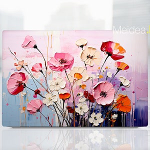 May include: A colourful abstract painting of pink, white and orange flowers on a pink and purple background. The flowers are painted in a loose, impressionistic style.