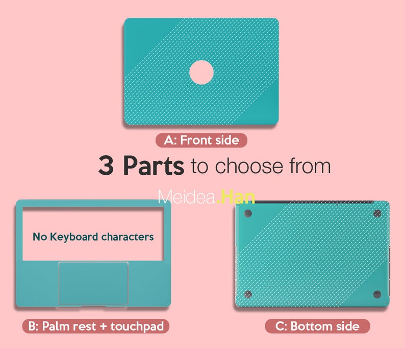 May include: Three turquoise laptop skin pieces: a front piece with a hole for the camera, a palm rest and touchpad piece, and a bottom piece. The text "No Keyboard characters" is on the palm rest and touchpad piece.