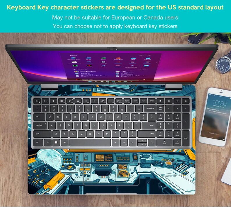 May include: A silver laptop with a keyboard and a colorful design on the lid. The design features a futuristic cockpit with blue, yellow, and white accents. The laptop is on a wooden surface with a smartphone and a watch.