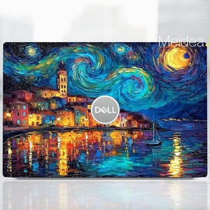 May include: A laptop skin featuring a vibrant, impressionistic painting of a coastal town under a swirling night sky. The artwork includes a bright yellow moon, a sailboat, and the Dell logo.