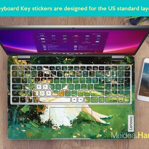 Puede incluir: Ordenador port&aacute;til con una superposici&oacute;n de teclado con un dise&ntilde;o abstracto verde y blanco. Las teclas del teclado est&aacute;n cubiertas con pegatinas. La pantalla muestra una interfaz colorida. Se ven un smartphone y un reloj.