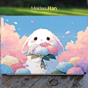 Può includere: Illustrazione digitale di un coniglio bianco che tiene in mano un bouquet di ortensie colorate. Il coniglio ha grandi occhi espressivi, su uno sfondo di nuvole rosa e blu. Il testo "Meidea.Han" è in alto a sinistra.