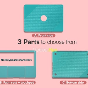 May include: A teal laptop case set, featuring three parts: front, palm rest with touchpad, and bottom. The front cover has a circular cutout and a textured pattern. The palm rest has no keyboard characters. The bottom cover has a matching textured design.