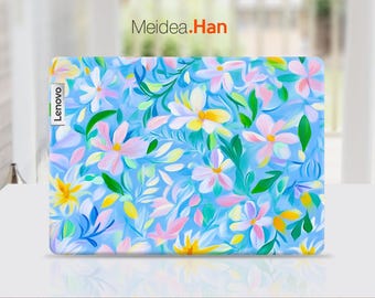 Aangepaste laptop skin Lenovo sticker gepersonaliseerd cadeau blauwe sticker olieverfschilderij bloemontwerp voor Slim Legion Yoga Thinkbook Ideapad Thinkpad
