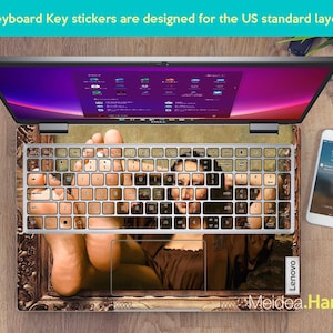 May include: Keyboard stickers with a Renaissance painting design. The stickers feature a woman's legs and torso, with a keyboard layout visible on the laptop.