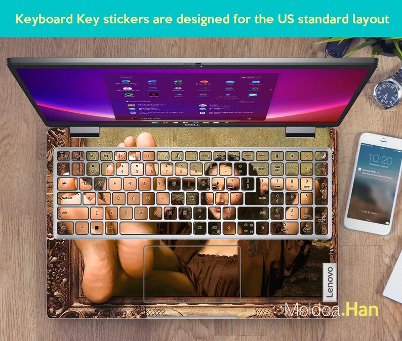 May include: Keyboard stickers with a Renaissance painting design. The stickers feature a woman's legs and torso, with a keyboard layout visible on the laptop.