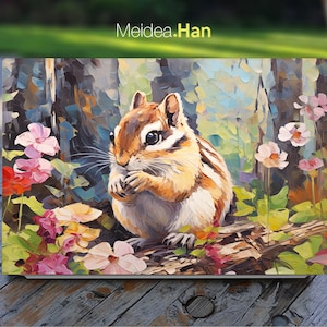 May include: A painting of a chipmunk sitting on a branch in a forest. The chipmunk is brown and white with a bushy tail. The forest is filled with green leaves and pink flowers.