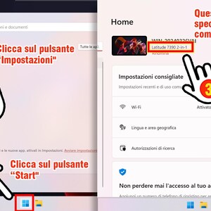May include: A computer screen shows instructions in Italian. Numbered steps are indicated with a pointing hand icon. The text includes "Start", "Impostazioni", and "Latitude 7390 2-in-1". The background is a Windows interface.