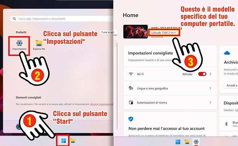 May include: A computer screen shows instructions in Italian. Numbered steps are indicated with a pointing hand icon. The text includes "Start", "Impostazioni", and "Latitude 7390 2-in-1". The background is a Windows interface.