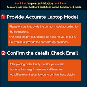 Puede incluir: Imagen con texto sobre un fondo azul oscuro. El texto dice "Aviso Importante" y proporciona dos puntos para el cumplimiento del pedido: Proporcione el modelo exacto de la computadora port&aacute;til y Confirme los detalles, revise el correo electr&oacute;nico. Rect&aacute;ngulos naranjas resaltan la informaci&oacute;n clave.