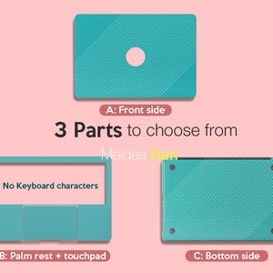 Op de afbeelding: Drie turquoise laptop-huidstukken: een voorste stuk met een gat voor de camera, een stuk voor de handsteun en het touchpad, en een onderste stuk. De tekst "No Keyboard characters" staat op het stuk voor de handsteun en het touchpad.