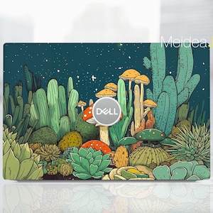 May include: A laptop skin with a whimsical design featuring a night sky with stars, cacti, and mushrooms. The Dell logo is visible on the laptop.