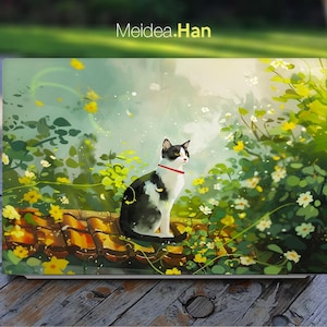 Pode incluir: Um gato preto e branco com uma coleira vermelha senta-se em uma parede de pedra em um jardim. O gato está olhando para a direita da imagem. O fundo é um jardim verde exuberante com flores amarelas.