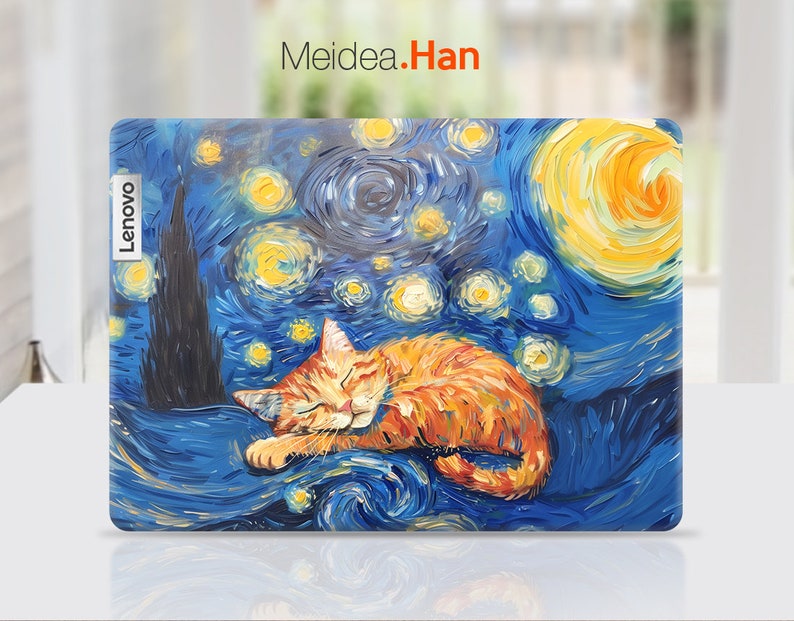May include: A blue and yellow laptop skin with a painting of a cat sleeping under a starry night sky. The skin has the word "Lenovo" printed on the side.