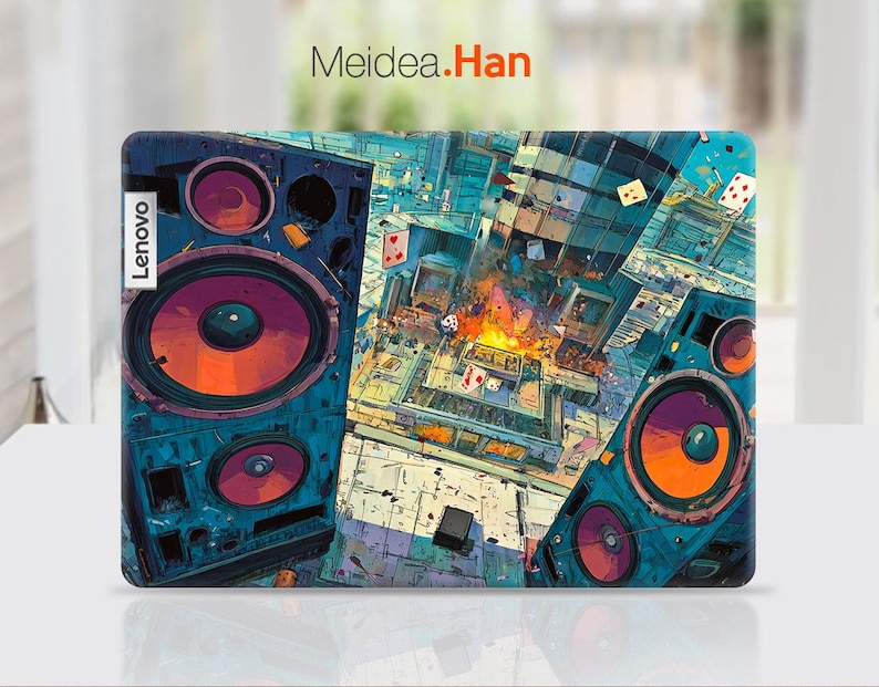 May include: A Lenovo laptop case with an abstract design featuring speakers and architectural elements. The artwork uses blue, orange, and white, with the text "Meidea.Han" at the top.