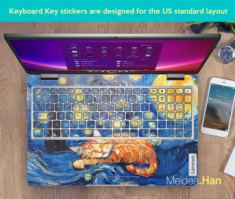 May include: A laptop keyboard with a starry night themed sticker set. The sticker set features a cat sleeping on a blue and yellow background with white stars. The keyboard is labeled "Lenovo".