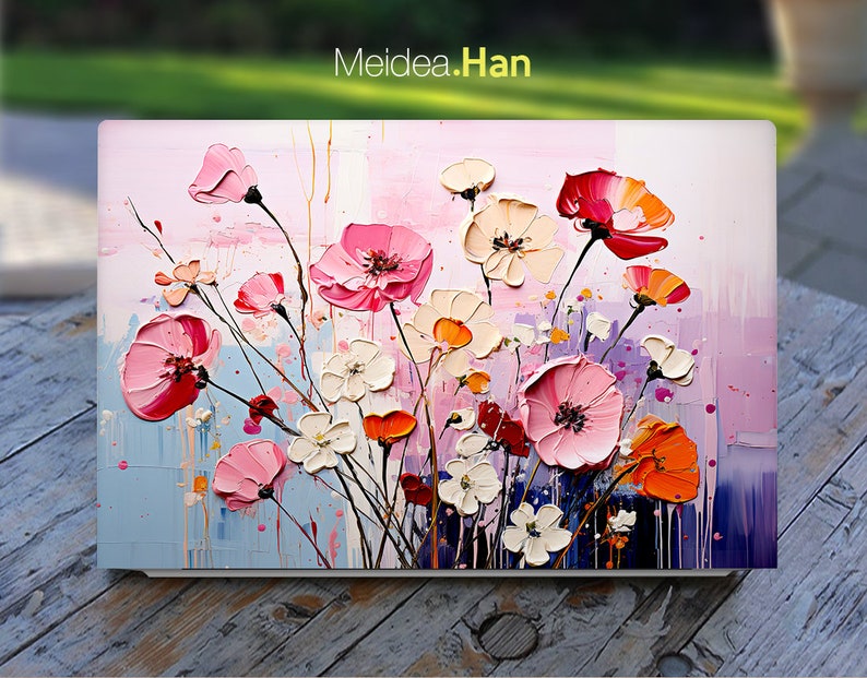 Custom Laptop Skin Hp Accessories Unique Gift Pink Flowers Patterns Oil ...