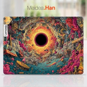 May include: A Lenovo laptop case featuring a vibrant, surreal illustration. The artwork depicts a central black hole surrounded by a colorful, detailed landscape with buildings, structures, and a variety of hues, including pink, orange, and blue. The text "Meidea.Han" is visible.