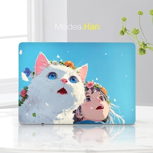 May include: A blue laptop skin with a white cat and a girl, both adorned with flower crowns, set against a blue sky. The text "Meidea.Han" is visible in the upper left corner.