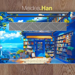 Puede incluir: Una piel para port&aacute;til con una ilustraci&oacute;n colorida de una librer&iacute;a con una puerta azul y estantes llenos de libros. El fondo es un cielo azul con nubes blancas y una vista del oc&eacute;ano. El texto "Meidea.Han" est&aacute; impreso en amarillo en la parte superior de la imagen.