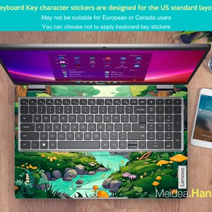 May include: A laptop computer with a green, blue, and yellow cartoon forest scene keyboard sticker. The sticker features a stream, trees, mushrooms, and flowers. The text "Lenovo" and "Meidea.Han" are visible on the laptop.