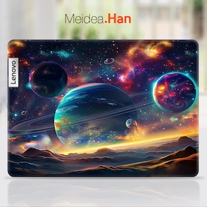 May include: A laptop skin with a colorful galaxy design featuring planets, stars, and nebulae. The skin has the word "Lenovo" printed on the left side. The design is reminiscent of outer space.