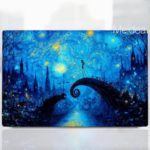 May include: A rectangular art print featuring a stylized night scene with a swirling starry sky in shades of blue and yellow. A tall, thin figure stands on a curved hill, with a line of small black figures. The text "Meidea Han" is in the upper right corner.