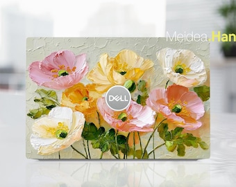 May include: Laptop skin with a floral design of pink, yellow, and white poppies. The artwork has a textured, painted appearance with green leaves and stems. The Dell logo is centered on the skin.