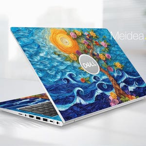 May include: A Dell laptop with a custom skin featuring a vibrant, artistic design. The skin showcases a stylized tree with colorful flowers, a bright yellow sun, and swirling blue waves. The Dell logo is visible on the laptop.