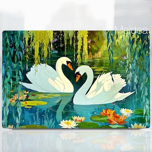 May include: A decorative panel featuring a serene pond scene with two white swans facing each other. The artwork includes water lilies, weeping willow trees, and the text "Moidea Han". The color palette includes shades of blue, green, and orange.