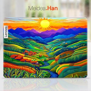 May include: A colourful laptop skin featuring a landscape scene of mountains, a river, and a sunset. The skin has a bright yellow sun, green hills, and a blue river. The text "Lenovo" is visible on the left side of the skin.