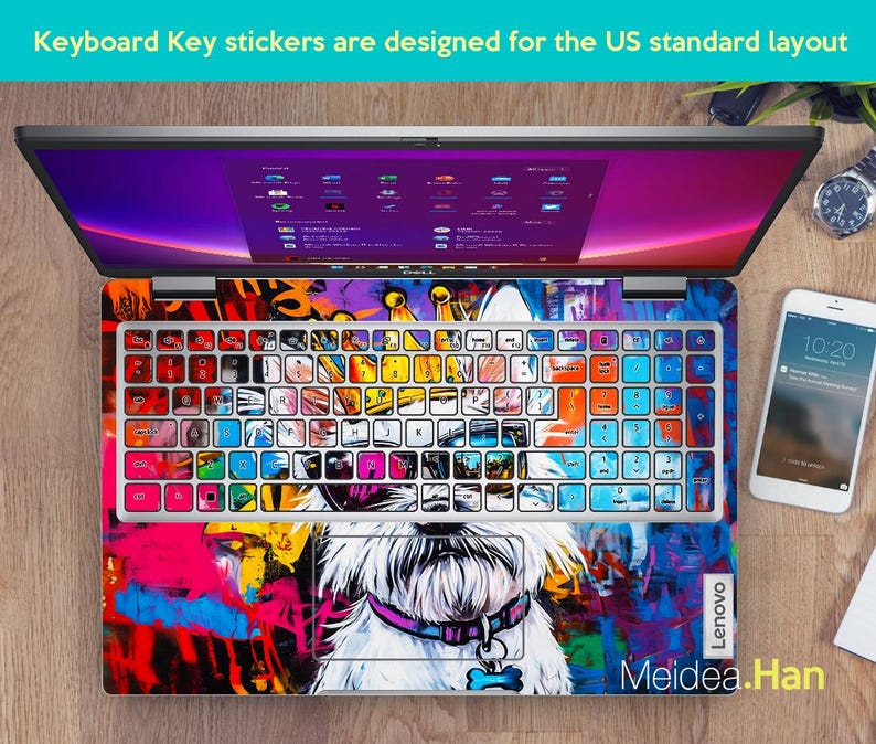 May include: Colourful keyboard stickers featuring a white dog graphic and graffiti design. The stickers are designed for a US standard keyboard layout. The text "Lenovo" and "Meidea.Han" are visible on the laptop.