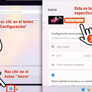 Puede incluir: Una pantalla de ordenador muestra instrucciones en espa&ntilde;ol. El texto gu&iacute;a al usuario para hacer clic en el bot&oacute;n 'Inicio', luego en 'Configuraci&oacute;n' y, finalmente, en un nombre de modelo espec&iacute;fico. Interfaz de Windows.