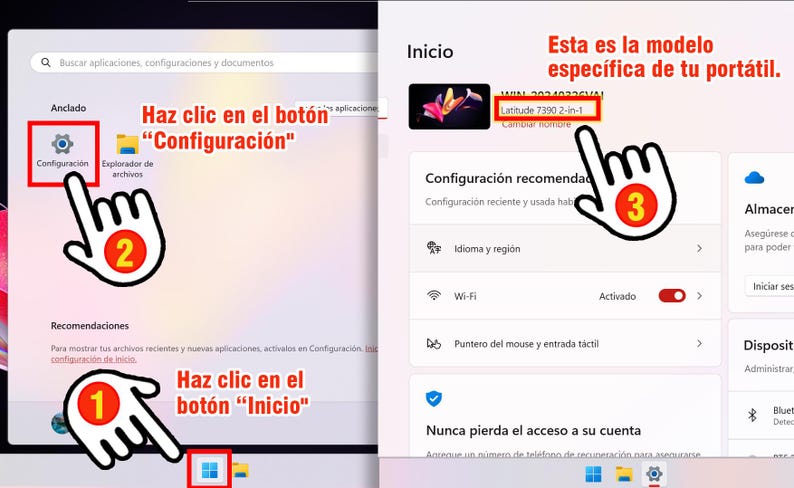 Puede incluir: Una pantalla de ordenador muestra instrucciones en espa&ntilde;ol. El texto gu&iacute;a al usuario para hacer clic en el bot&oacute;n 'Inicio', luego en 'Configuraci&oacute;n' y, finalmente, en un nombre de modelo espec&iacute;fico. Interfaz de Windows.
