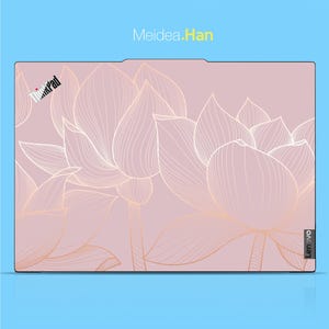 May include: A pink laptop skin featuring a large floral design with gold outlines. The ThinkPad and Lenovo logos are visible. The text "Meidea.Han" is at the top.