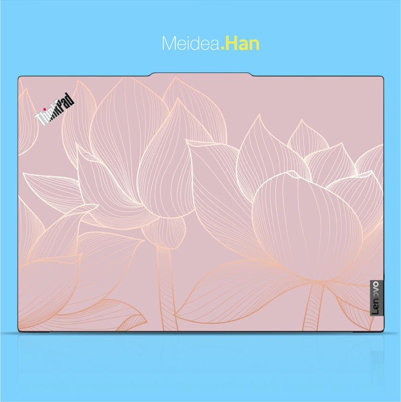 May include: A pink laptop skin featuring a large floral design with gold outlines. The ThinkPad and Lenovo logos are visible. The text "Meidea.Han" is at the top.
