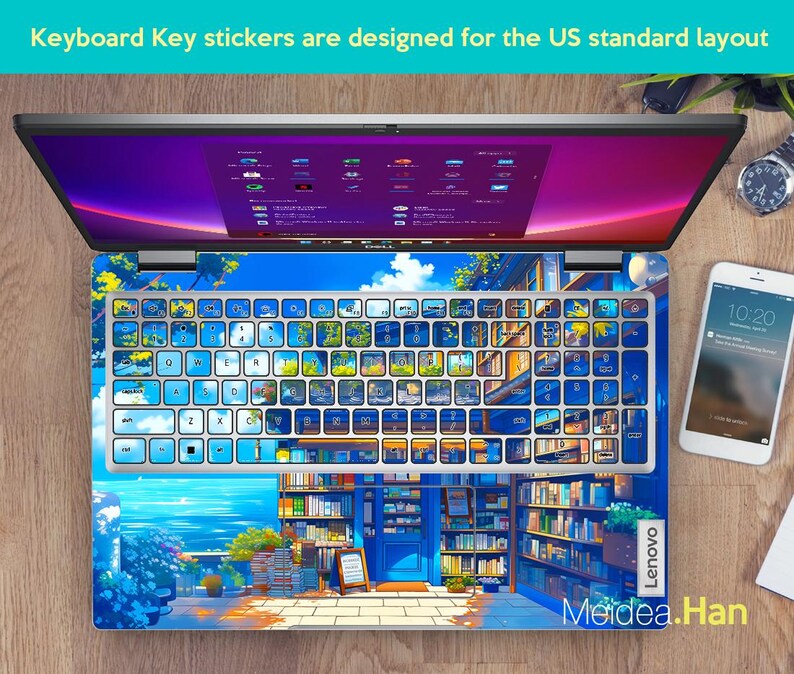 Puede incluir: Pegatinas para teclado con un dise&ntilde;o colorido que presenta un cielo azul, un edificio con estanter&iacute;as de libros y una puerta azul. Las pegatinas est&aacute;n dise&ntilde;adas para un teclado est&aacute;ndar de EE. UU. El texto "Lenovo" y "Meidea.Han" es visible en las pegatinas.