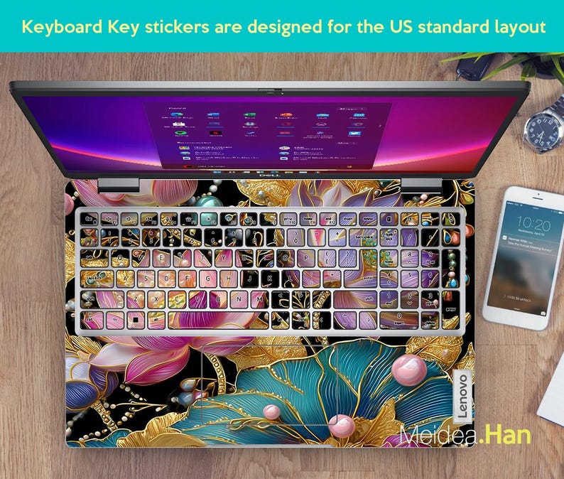 May include: Laptop with a keyboard overlay featuring a floral design in pink, gold, and teal. The keyboard keys are covered with decorative stickers. The text "Keyboard Key stickers are designed for the US standard layout" is visible.