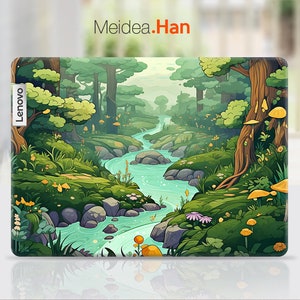 May include: A colorful illustration of a forest scene with a winding stream, green trees, and mushrooms. The text "Lenovo" is visible in the lower left corner.