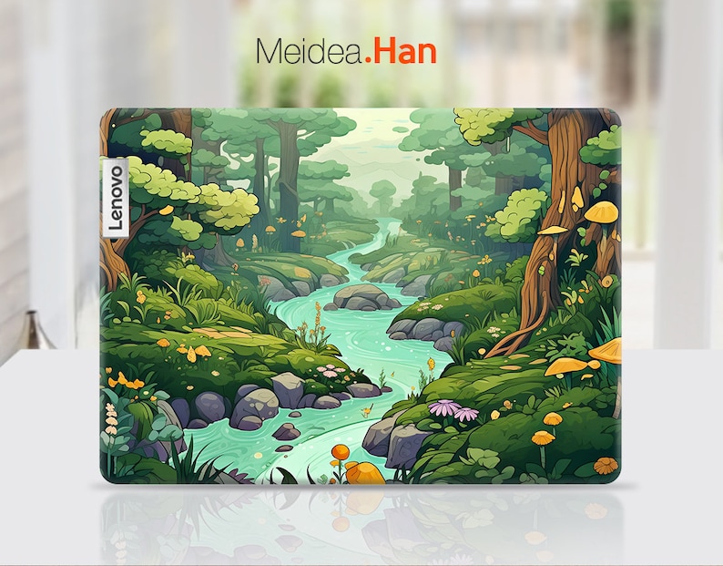 May include: A colorful illustration of a forest scene with a winding stream, green trees, and mushrooms. The text "Lenovo" is visible in the lower left corner.