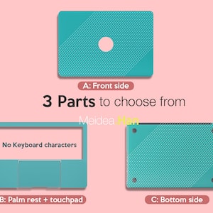 Pode incluir: Tr&ecirc;s pe&ccedil;as de pele para laptop turquesa: uma pe&ccedil;a frontal com um furo para a c&acirc;mera, uma pe&ccedil;a para o apoio de pulso e o touchpad, e uma pe&ccedil;a inferior. O texto "No Keyboard characters" est&aacute; na pe&ccedil;a para o apoio de pulso e o touchpad.